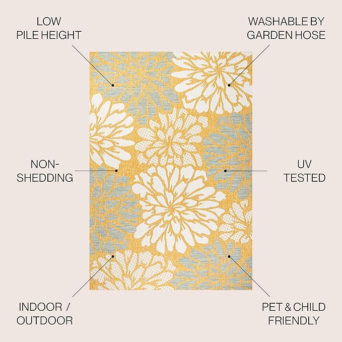 JONATHAN Y Floral Textured Weave Indoor Outdoor Square Area Rug 5X5 Yellow/Cream, Zinnia Modern for Backyard, Patio, Porch, Easy-Cleaning, High Traffic, Pet-Friendly, Non-Shedding (SMB110G-5SQ)