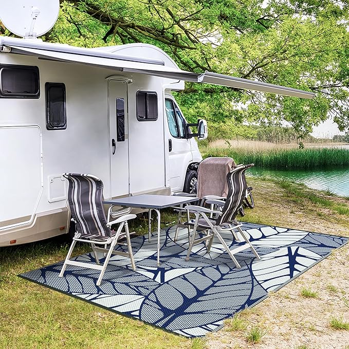 GENIMO Outdoor Rug 6' x 9' Waterproof for Patio Clearance, Reversible Plastic Straw Camping Carpet, Lightweight Mat for Rv, Camper, Deck, Porch, Picnic, Balcony, Beach, F.Blue & White