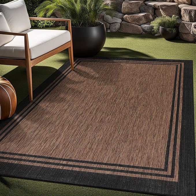 Bordered Outdoor Rug 5x7 Washable Outside Carpet for Indoor Patio Porch Waterproof Easy Cleaning Non Shedding Area Rugs Nut Brown 5 x 7
