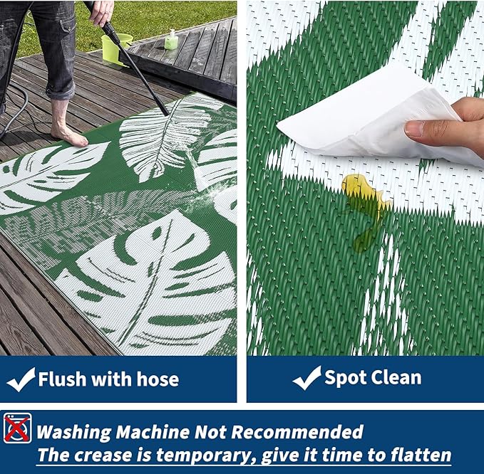 COZYLOOM Outdoor Rug 8x10 Patio Waterproof Plastic Straw Rug Reversible UV Resistant Camping Mat, Foldable Lightweight RV Picnic Mat with Portable Bag, Modern Outdoor Carpet for Yard, Green