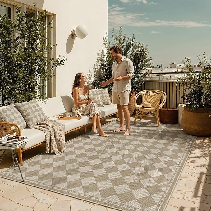 HUGEAR 5x7 Outdoor Rug Brown/Beige Linen-Look Fabric Checkered Area Rug High Traffic Stain Resistant Easy Clean Durable Rugs for Indoor/Outdoor Patio Deck Balcony Porch Garden Courtyard