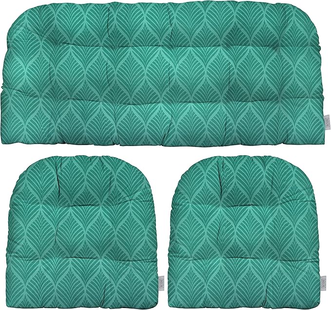 RSH DECOR: 3-Piece Wicker Tufted Cushion Set | for Large Wicker Sets | Outdoor Loveseat & U-Shaped Seat Cushions | Water & Fade-Resistant Spun Fabric | Fenbrook Teal