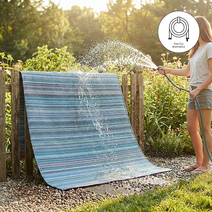 Fab Habitat Outdoor Rug - Waterproof, Fade Resistant, Crease-Free - Premium Recycled Plastic - Striped - Large Patio, Deck, Sunroom, Camping, RV - Cancun - Indigo - 6 x 9 ft