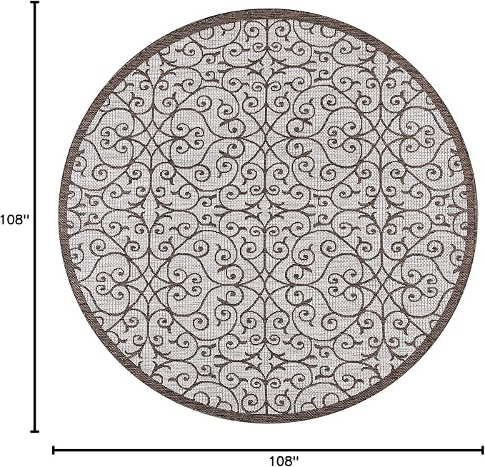 JONATHAN Y Vintage Filigree Indoor Outdoor Round Area Rug 9 Ft Taupe/Espresso, Madrid Textured Weave for Backyard, Patio, Porch, Easy-Cleaning, High Traffic, Pet-Friendly, Non-Shedding (SMB107C-9R)