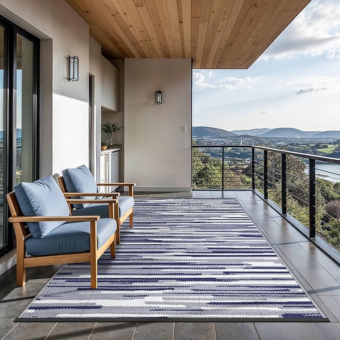 GENIMO Outdoor Rug for Patio Clearance, 9'x12' Waterproof Camping Mat, Reversible Plastic Straw Rugs for RV, Camper, Balcony, Backyard, Picnic, Deck (Blue White)