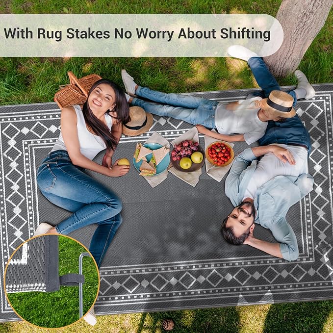 Garvee Outdoor Rug 9x12 Waterproof for Patio Clearance, Large Plastic Straw Mat for Camping, Porch, RV, Reversible Rugs for Deck Entryance Picnic Balcony Beach (White/Grey)