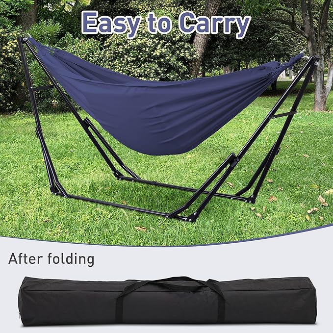 Ainfox Hammock with Foldable Stand, 2 in 1 Hammock and Swinging Chair with Carrying Bag, Portable Camping Chair Suitable for Outside, Swing,Patio,Garden,Camping Trip Blue