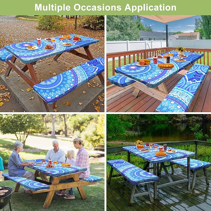 Picnic Table Cover with Bench Covers 6FT 3 Pcs Waterproof Windproof Aesthetic Camping Tablecloth with Drawstring Bag, Fitted for 6 Foot Rectangle Tables and Seats, 72 inch, Light Blue Purple