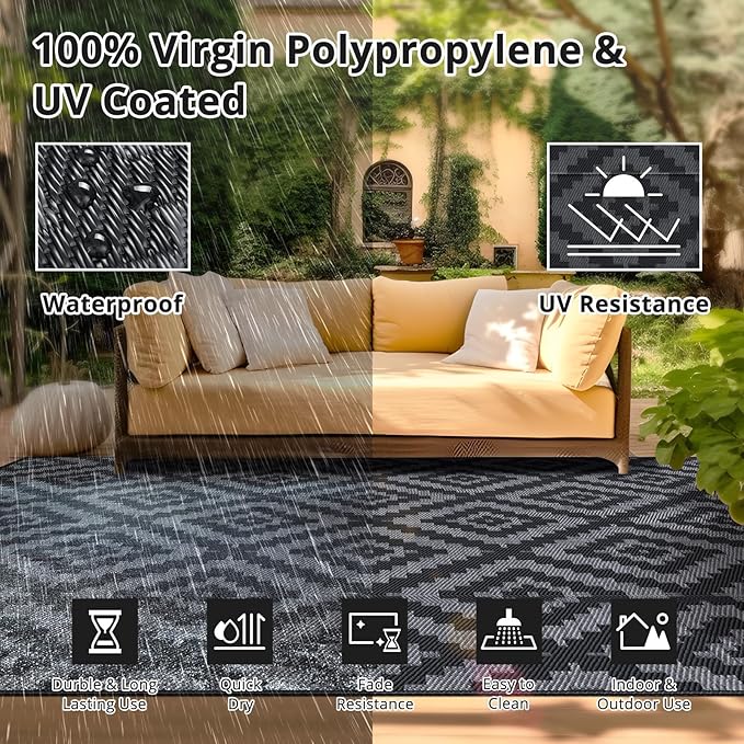 Outdoor Camping Rug Waterproof 6x9FT, Large Reversible Stain&UV Resistant Plastic Straw RV Rug for Outside Patio Pool Deck Beach Indoor, Area Carpet Mat with Portable Bag&4 Stakes-Black Grey Rhombus