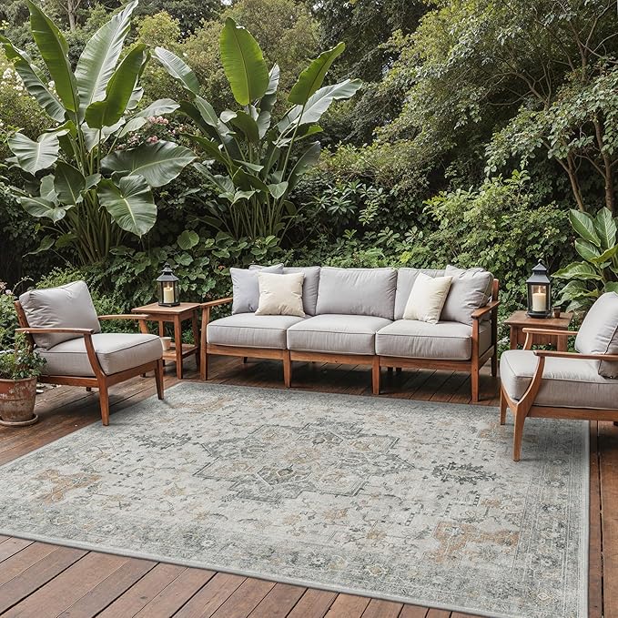 GENIMO Outdoor & Indoor Area Rug 9'x12', Waterproof, Non-Shedding, Easy Cleaning, Boho Mat for Patio, Living Room, Balcony, Dining Room, RV, Deck, Bedroom, Camping, Outside Carpet,Light Grey Brown