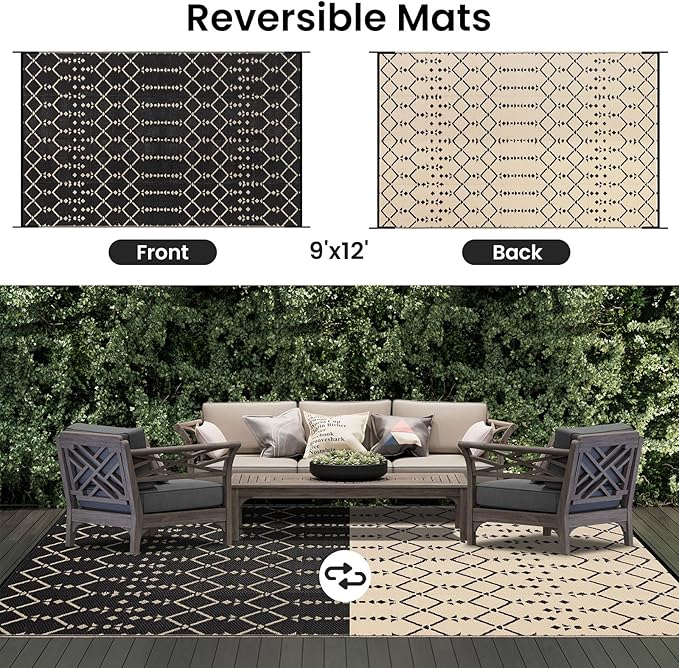 Smiry Outdoor Rug 9x12 ft, Waterproof Reversible Plastic Straw Rugs, Boho Outdoor Area Rug, Outside Floor Mat for Patio, Backyard, Deck, Picnic, Beach, Camping, Beige