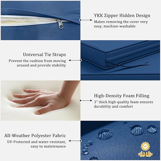 3 Pack Outdoor Replacement Cushions,36L x 18W x 3H,18L x 18W x 3H inch, High-Elastic Replacement Sponge for 4-Seater Water-Resistant Patio/Sofa with Removable Covers (Blue)