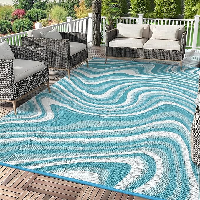 Waterproof Plastic Straw Outdoor Rug 9x18 Patio Reversible UV Resistant Foldable Camping Carpet Modern Abstarct Large Outdoor Rugs for Deck, Camper, Balcony, Beach，Lake Green/Light Blue