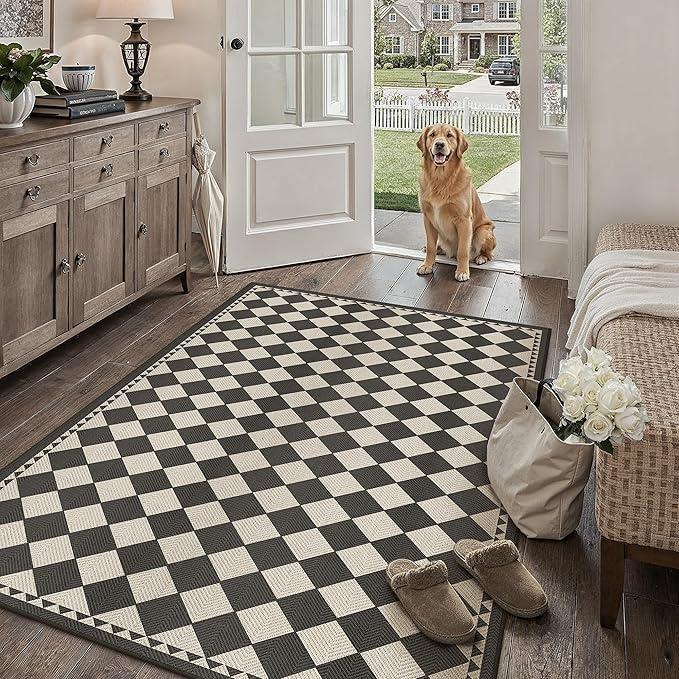 HUGEAR 3x5 Outdoor Rug Black/Beige Linen-Look Fabric Checkered Area Rug High Traffic Stain Resistant Easy Clean Durable Rugs for Indoor/Outdoor Patio Deck Balcony Porch Garden Courtyard