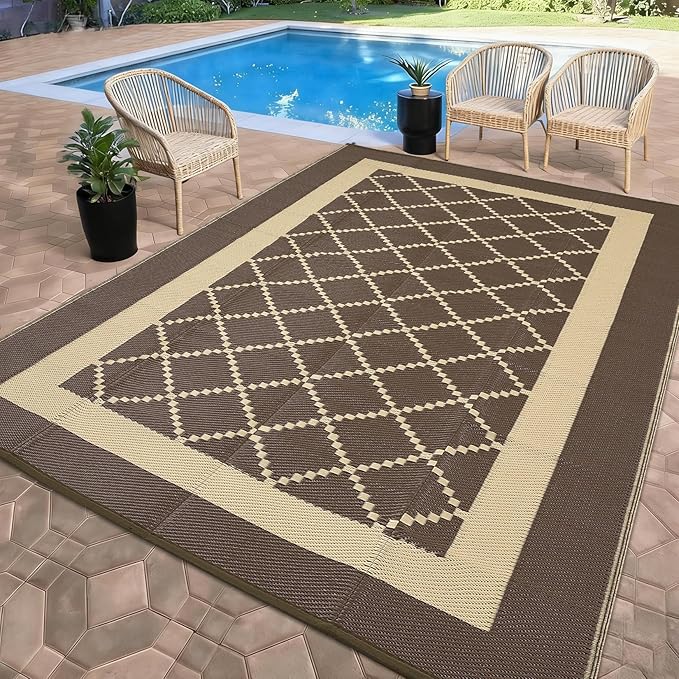 Outdoor Rug for Patio 9x12 Waterproof Camping Mat Reversible Plastic Straw Floor Carpet Modern Diamond Indoor Outdoor Large Area Rug for RV Deck Balcony Backyard Brown/Coffee