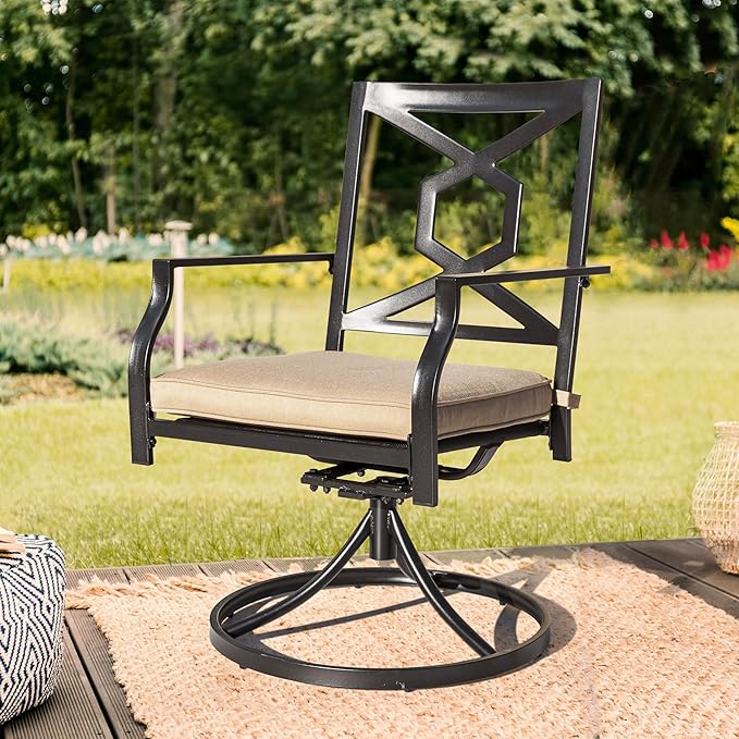 NUU GARDEN Outdoor Patio Swivel Chair Set of 2, Iron Swivel Rocker Dining Chairs with Padded Cushions, Comfortable Outdoor Chairs for Patio, Garden, Backyard & Balcony, Black and Beige