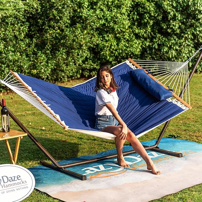 Lazy Daze Quilted Fabric Hammock with 12-Foot Stand, Double 2-Person Hammock with Pillow for Outdoor Outside Patio, Garden, Backyard, 450LB Capacity, Royal Blue