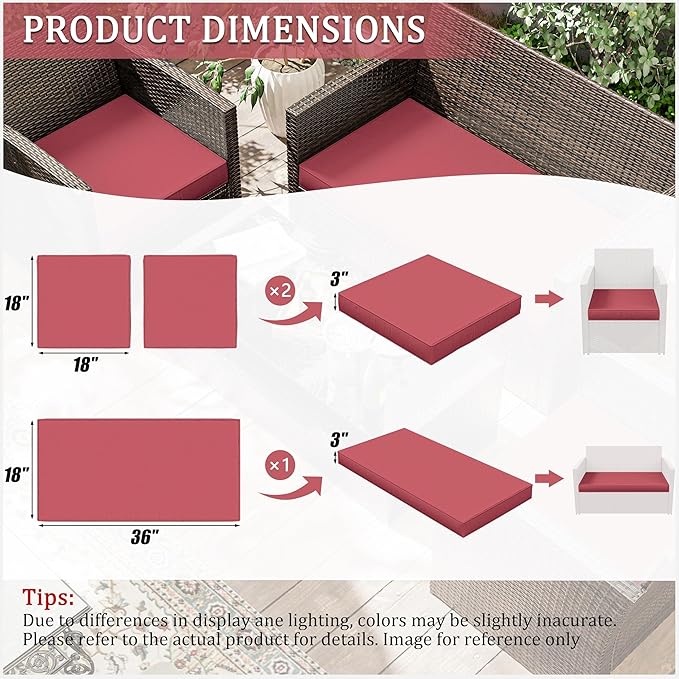 3 Pack Outdoor Replacement Cushions,36L x 18W x 3H,18L x 18W x 3H inch, High-Elastic Replacement Sponge for 4-Seater Water-Resistant Patio/Sofa with Removable Covers (Fuchsiared)
