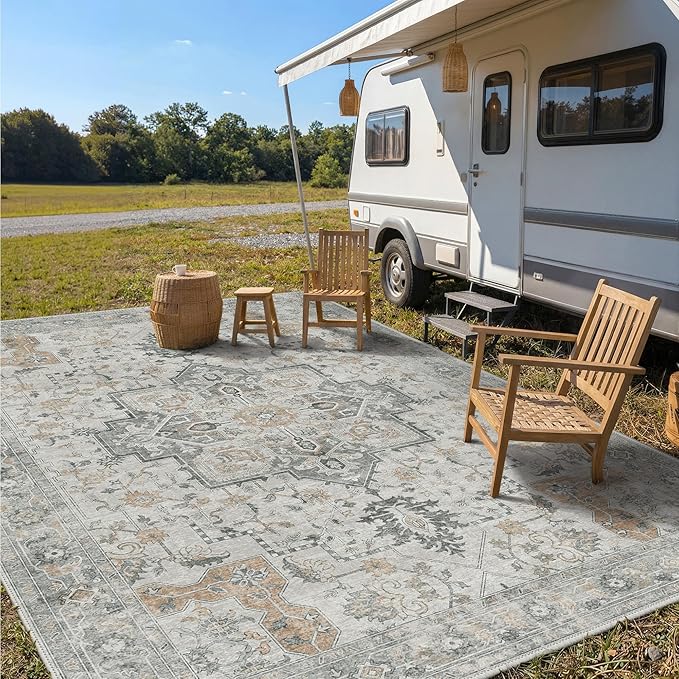 GENIMO Outdoor & Indoor Area Rug 10'x14', Waterproof, Non-Shedding, Easy Cleaning, Boho Mat for Patio, Living Room, Balcony, Dining Room, RV, Deck, Bedroom, Camping, Outside Carpet,Light Grey Brown
