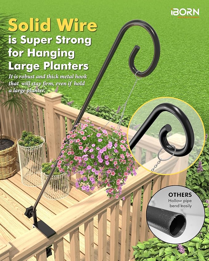 iBorn Deck Hook for Bird Feeder, Hummingbird Feeder Hanger for Deck Railing, Heavy Duty Deck Hanger for Outdoors Hanging, 360° Rotatable Arm, Solid Wire, 28 Inch, Pack of 1