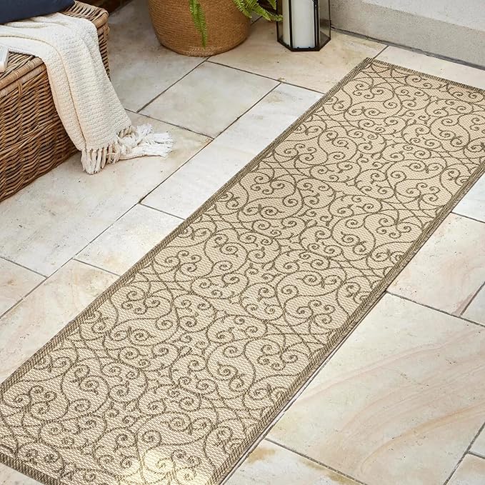 JONATHAN Y Vintage Filigree Indoor Outdoor Runner Rug 2X8 Beige/Brown, Madrid Textured Weave for Backyard, Patio, Porch, Easy-Cleaning, High Traffic, Pet-Friendly, Non-Shedding (SMB107B-28)