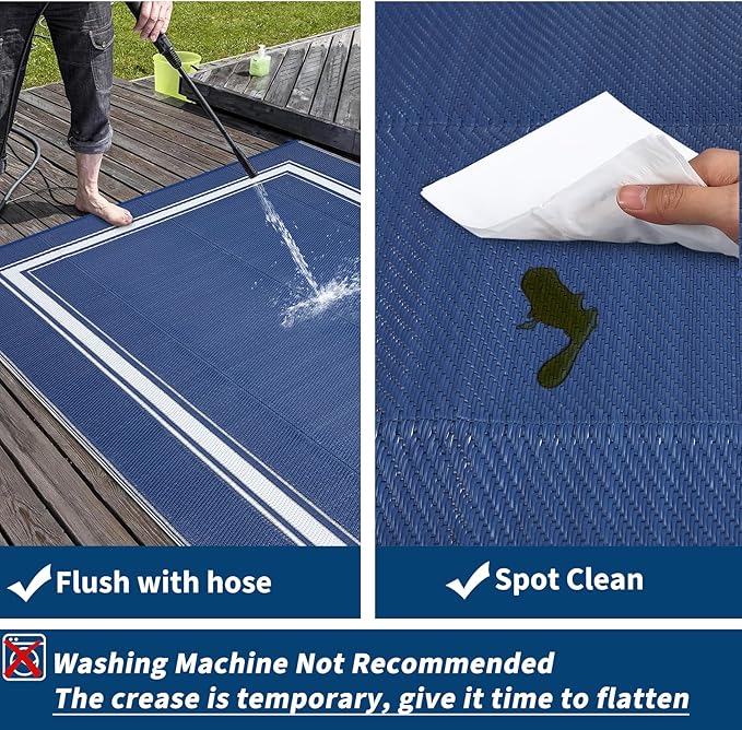 COZYLOOM Outdoor Rugs 9x12 UV Resistant Waterproof Patio Rug, Outdoor Plastic Straw Rug Reversible RV Camping Mat with Portable Bag & 4 Stakes, Modern Bordered Carpet for Balcony Deck Yard, Navy&White