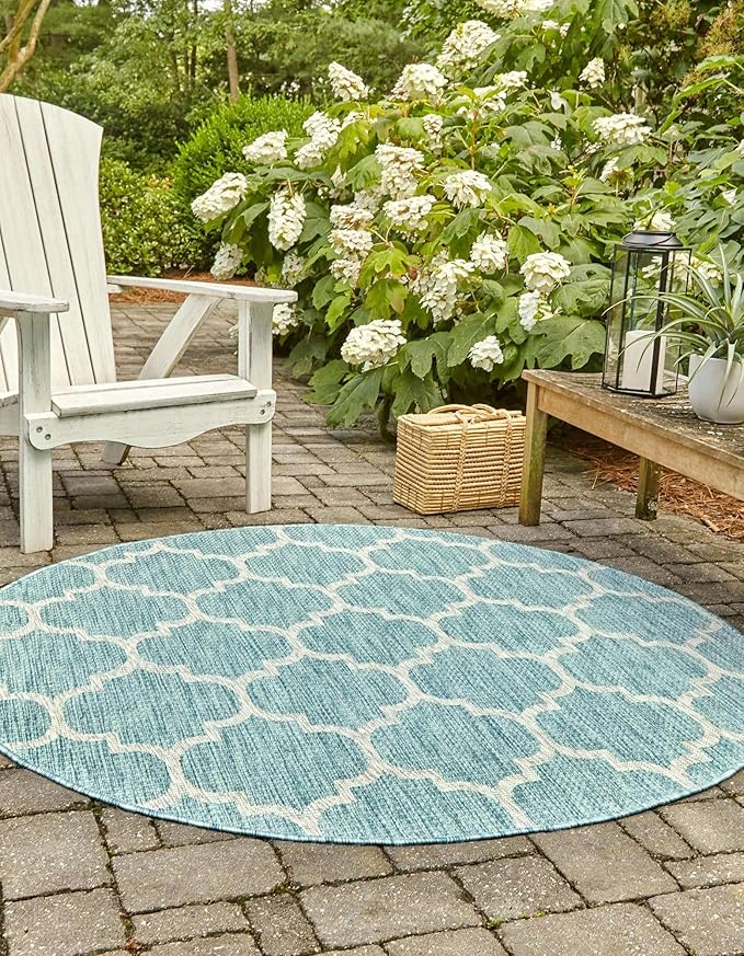 Unique Loom Outdoor Trellis Collection Area Rug - Trellis (Round 13' 0" x 13' 0", Aquamarine/ Gray)