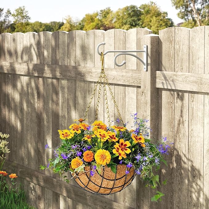 pickpiff 6-Inch Planter Hooks for Hanging Plants - Plant Hanger Hook Indoor Outdoor, Plant Wall Hooks, Brackets for Hanging Plants, Baskets, Wind Chime, Bird Feeder, Bird House (White, Metal, 2 Pack)