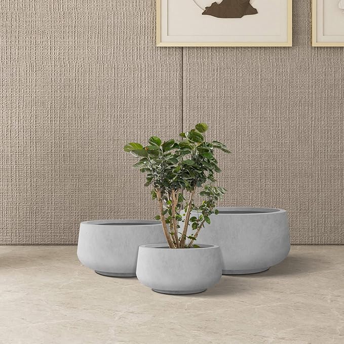 Kante 21.6",16.9",and 12.5" Dia Round Natural Concrete Elegant Planters (Set of 3), Outdoor Indoor Garden Plant Pot with Drainage Hole and Rubber Plug for Home & Patio