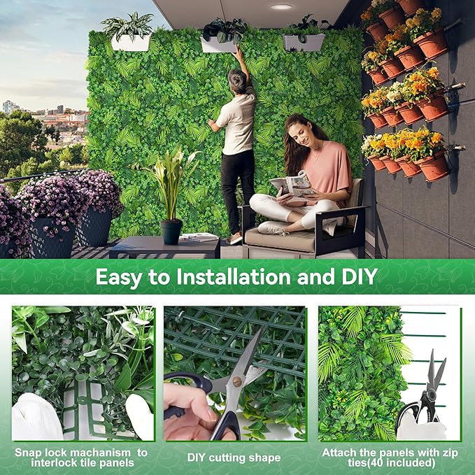 Artificial Plant Wall Panels, 20"x20" 6PCS Faux Grass Backdrop with UV Resistant Fern Leaves, Green Wall Decor for Outdoor Indoor Patio Garden Backyard
