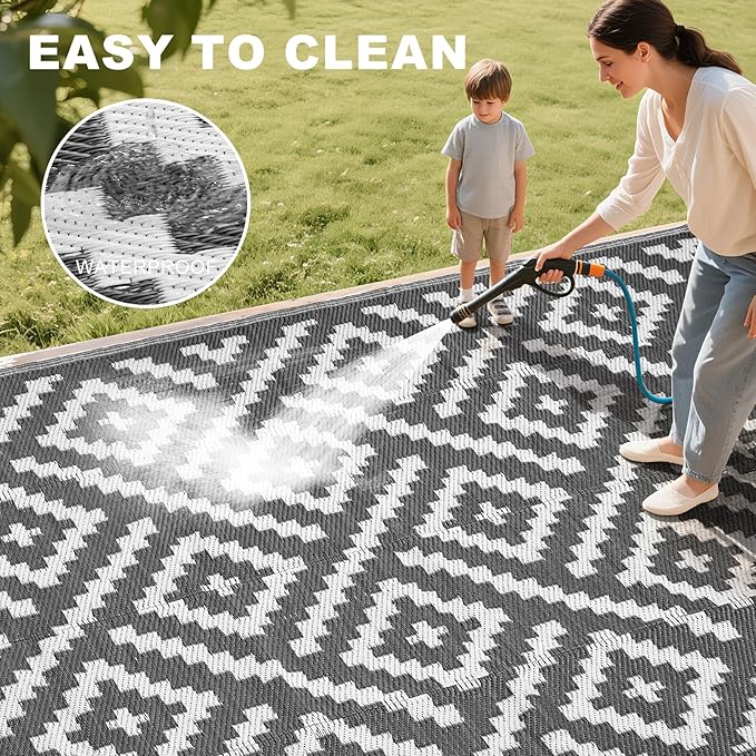 RURALITY Outdoor Rugs 6x9 Feet for Patios Clearance,Plastic Straw Waterproof Mats for Backyard,Porch,Deck,Balcony,Grey&White