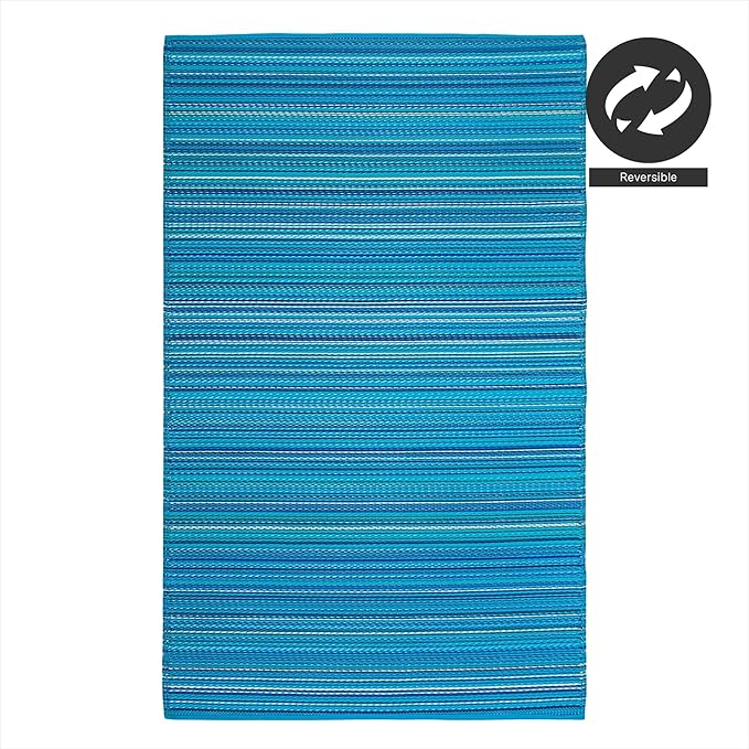 FH Home Outdoor Rug - Waterproof, Fade Resistant, Reversible - Premium Recycled Plastic - Striped - Large Patio, Deck, Sunroom, Camping, RV - Havana - Turquoise Crease Free - 6 x 9 ft