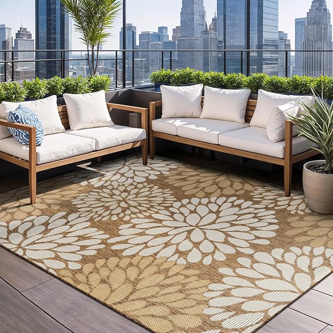 Beverly Rug Outdoor Rug 10x14 Modern Exotic Tropical Leaf Area Rugs for Indoor and Outdoor Patio Deck Porch Garden Water Resistant Washable Outside Carpet (10 x 14 Wooden)