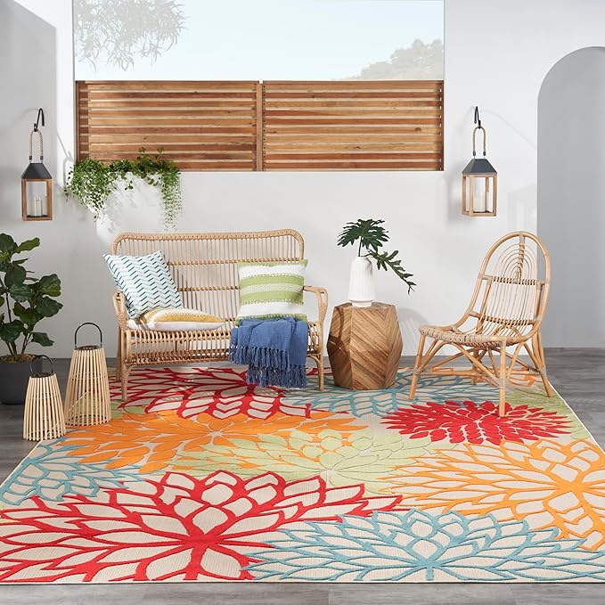 Nourison Home Aloha Indoor/Outdoor Green 9' x 12' Area Rug, Tropical, Botanical, Easy Cleaning, Non Shedding, Bed Room, Living Room, Dining Room, Deck, Backyard, Patio (9x12)