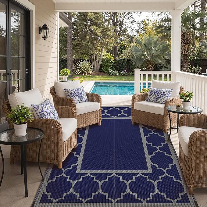 GENIMO Outdoor Rug 5' x 8' Patio Waterproof, Foldable Reversible Plastic Straw Area Rugs Mat for Camper Decor, Outside Carpet for Rv, Deck, Porch, Picnic, Beach, Balcony, Blue & Grey
