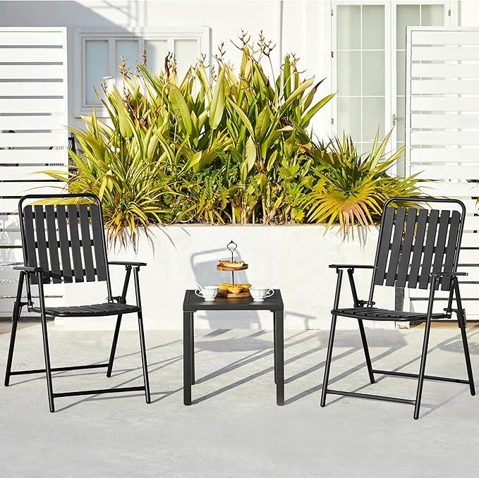 Yaheetech Folding Patio Chair Set of 8, Outdoor Dining Chair with Armrests, Plastic Patio Chair for Porch, Deck, Garden, Backyard, No Assembly Black