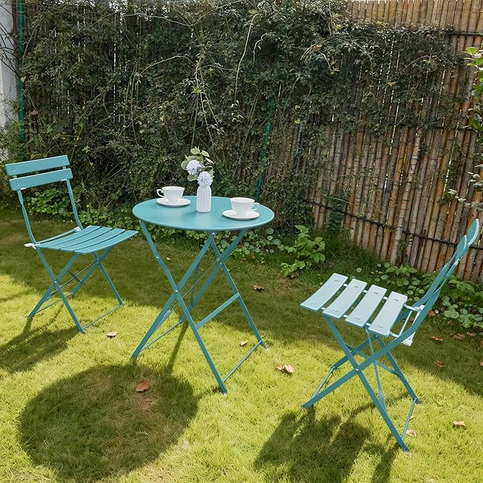 3 Piece Bistro Set, Folding Patio Furniture Set, Outdoor Table and Chairs Set for Patio, Garden, Balcony and Poolside，Peacock Blue