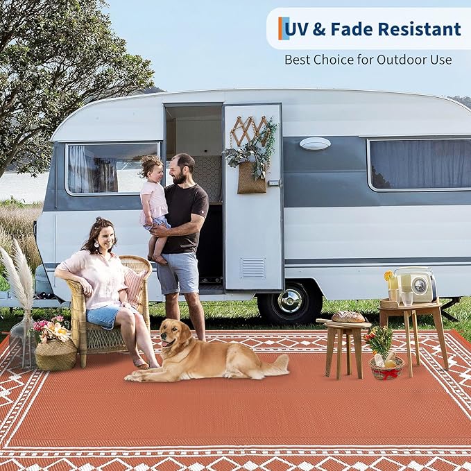Garvee Outdoor Rug 9x12 ft, Waterproof Reversible Patio Mat, Plastic Straw Rug for RV, Camping, Deck, Balcony, Easy Clean & Portable,Terracotta/White