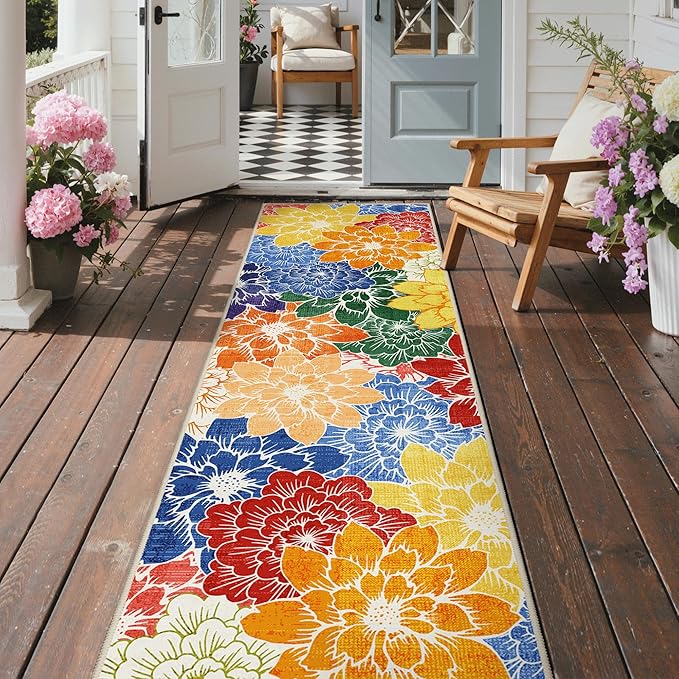 GENIMO 2.5’x8’ Indoor Outdoor Runner Rug for Hallway, Washable Waterproof Bedside Rugs, Non-Slip, Floral Mat Carpet for Patio, Living Room, Bedroom, Balcony, Kitchen, Deck, Porch, Colorful