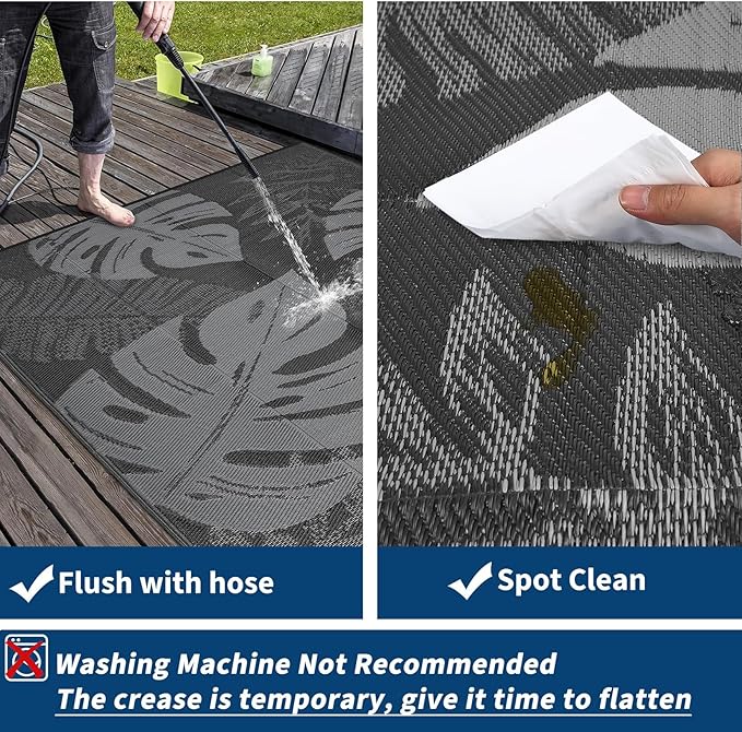 Outdoor Rug 8x10 Waterproof Patio Rugs Modern Leaf Print Reversible Mat for Front Door Rv Foldable Plastic Straw Carpet for Travel Trailers, Deck, Porch, Camper, Balcony, Beach，Black/Grey