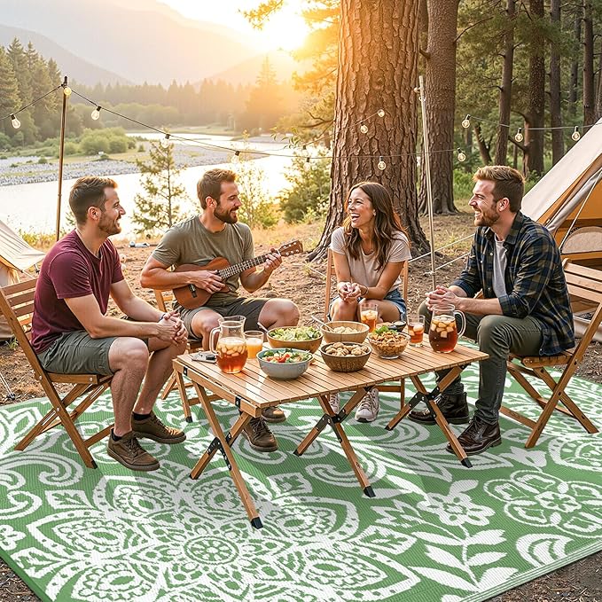 Findosom Waterproof Outdoor Rug 6' x 9' - Reversible Mandala Outdoor Plastic Straw Rug, Durable Foldable Patio Rug for RV, Deck, Balcony, Backyard, Picnic, Porch, Camping, Beach, Green