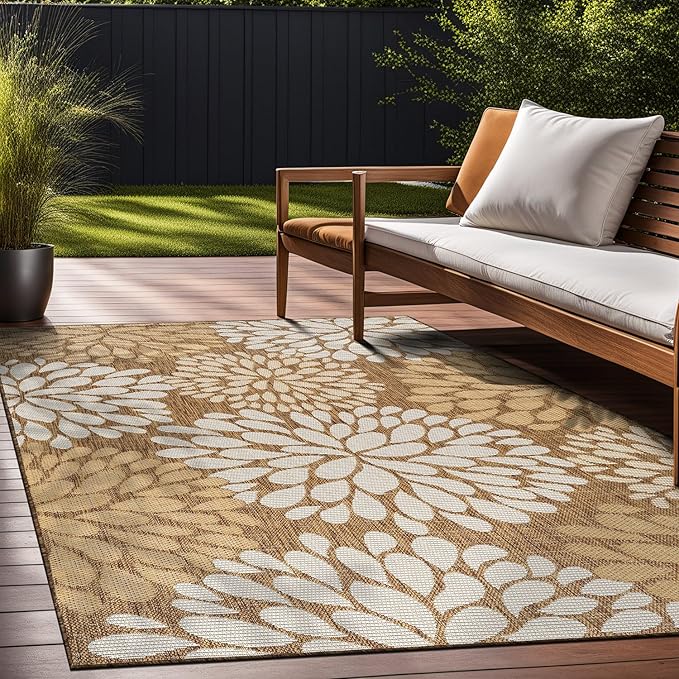Beverly Rug Outdoor Rug 10x14 Modern Exotic Tropical Leaf Area Rugs for Indoor and Outdoor Patio Deck Porch Garden Water Resistant Washable Outside Carpet (10 x 14 Wooden)