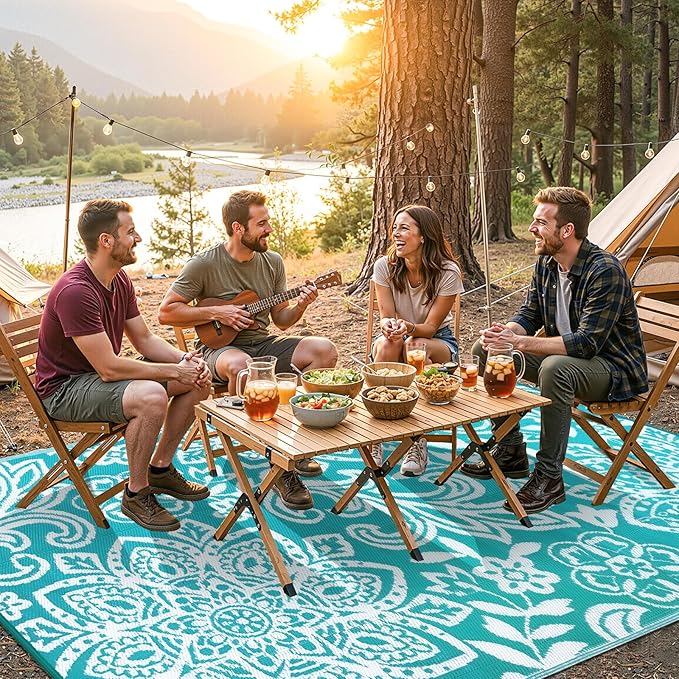 Findosom Waterproof Outdoor Rug 9' x 12' - Reversible Mandala Outdoor Plastic Straw Rug, Durable Foldable Patio Rug for RV, Deck, Balcony, Backyard, Picnic, Porch, Camping, Beach, Blue