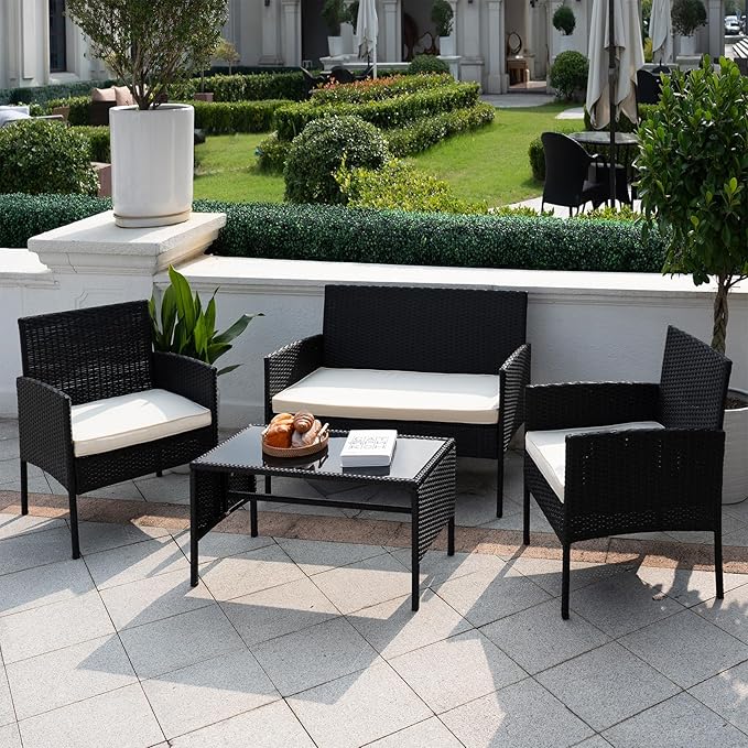 PROHIKER 4 Piece Outdoor Wicker Patio Conversation Furniture Set, Rattan Chair Wicker Sofa Garden Conversation Sets with Cushion and Glass Table for Yard Pool or Backyard