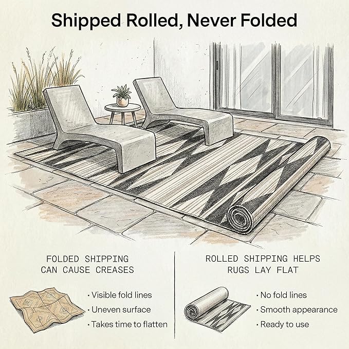 Fab Habitat Outdoor Rug - Waterproof, Fade Resistant, Crease-Free - Premium Recycled Plastic - Neutral Geometric Tribal - Patio, Porch, Deck, Balcony - Cairo - Natural & Black - 5 x 8 ft