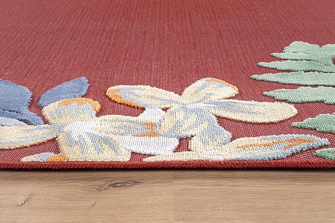 Outdoor Rug 6x9 Washable Area Rugs Indoor Outdoor Carpets Red Border Floral Non Shedding Waterproof Easy Clean Patio Deck Porch Living Room Bedroom Garden RV (6 X 9 Red)