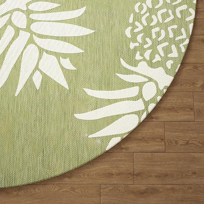 LR Home 8ft Round Indoor/Outdoor Area Rug for Home Decor | Coastal Pineapples Large Size Carpet for Living Room, Bedroom, Playroom, Patio, Garden | Tropical Farmhouse Rug | Dark Green/Beige