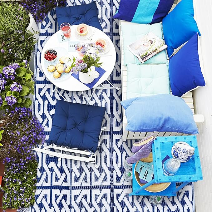 SAND MINE Reversible Mats, Plastic Straw Rug, Modern Area Rug, Large Floor Mat Rug for Outdoors, RV, Patio, Backyard, Deck, Picnic, Beach, Trailer, Camping, Dark Blue & White, 5' x 8'