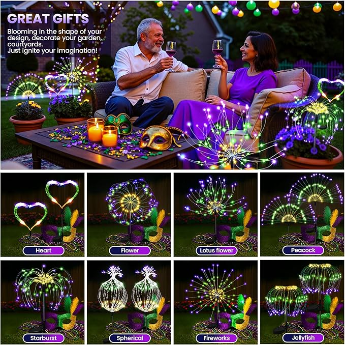 6 Pack Mardi Gras Solar Lights Outdoor, Solar Garden Lights Outside Fairy Firework Decorative,Solar Powered for Mardi Gras,Yard Pathway Party Balcony Patio Decor (Purple, Green, Yellow)