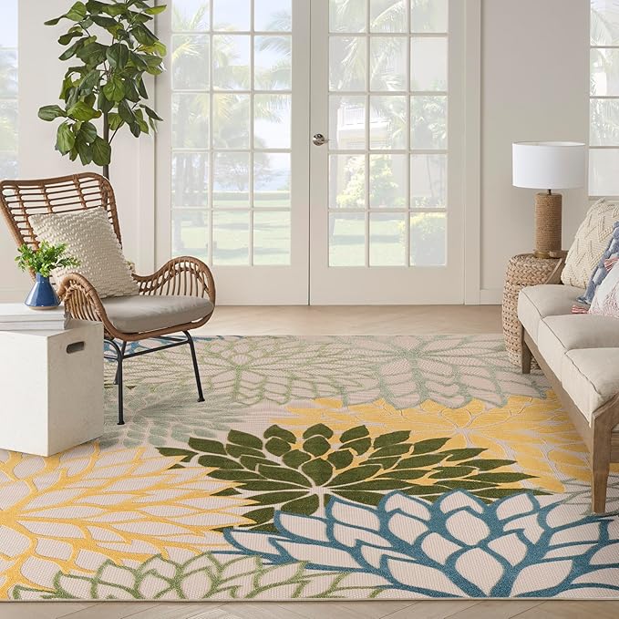 Nourison Home Aloha Indoor/Outdoor Green Multicolor 9' x 12' Area Rug, Easy-Cleaning, Non Shedding, Bed Room, Living Room, Dining Room, Backyard, Patio, Deck (9x12)